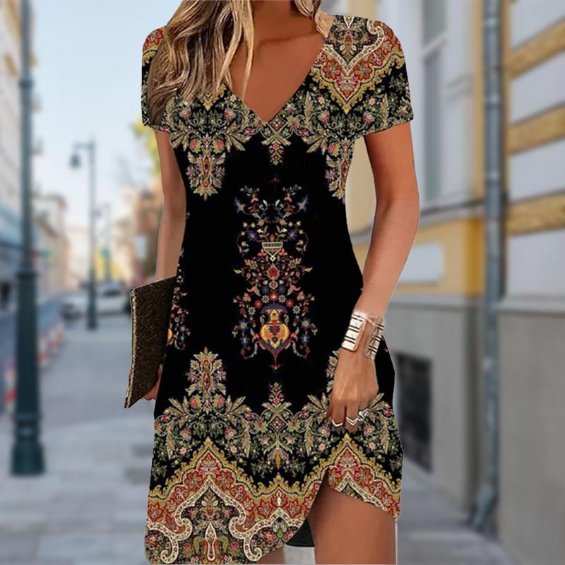

Летняя мода Женское платье с V-образным вырезом и короткими рукавами Ретро с цветочным принтом Сексуальное короткое платье 8XL чёрный