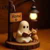 Statua Fantasma Gatto in Resina Halloween Statuetta da Lettura, Statua con Lampione Stradale Illuminato a LED, Decorazione da Scrivania per Festa di Compleanno Decorativa