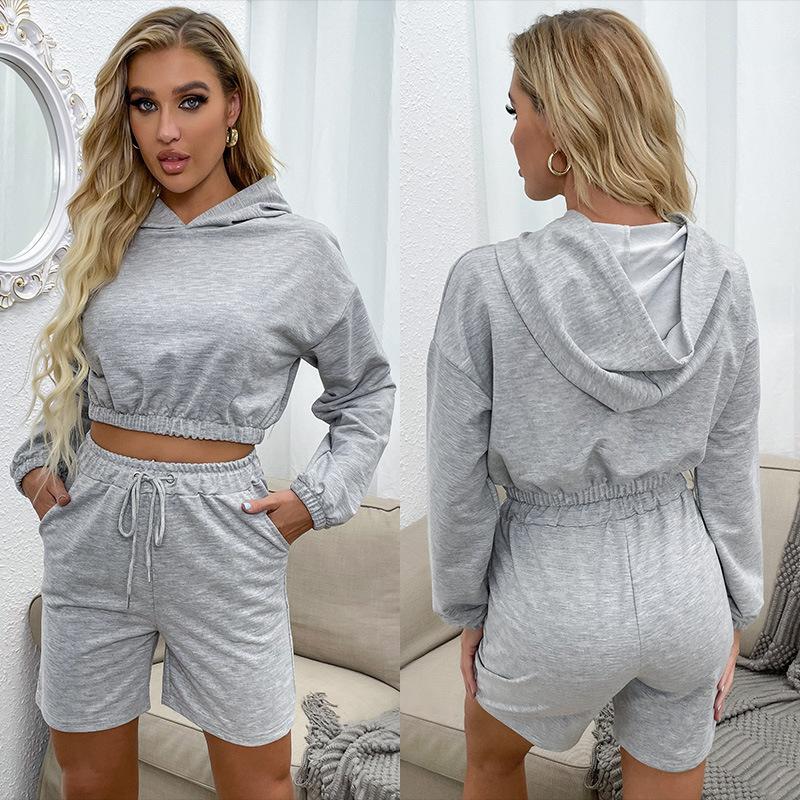 Casual Comfort and Versatility Two-piece Long-sleeved Solid Color Hooded Sweater Suit Women