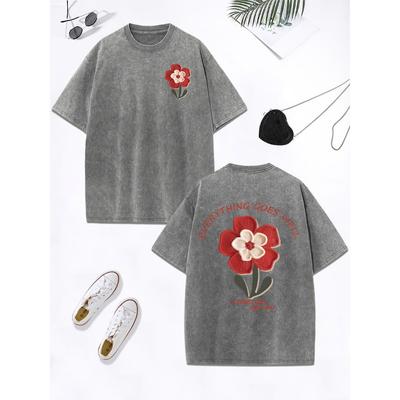 Everything Goes Well Flower Printing Washed T-Shirt Women Cotton Oversize Tops O-Neck Distressed T Shirt Clothes