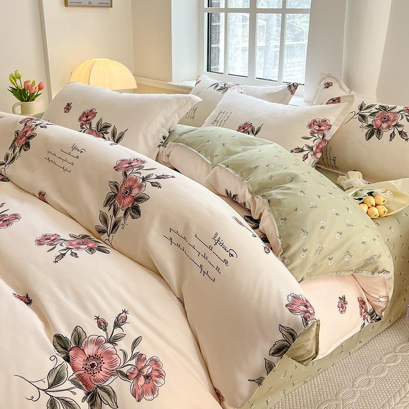 Washed Cotton 4Pcs Set, Spring And Autumn 1.8M Bed Sheet Double Quilt Set 3Pcs Home Textile
