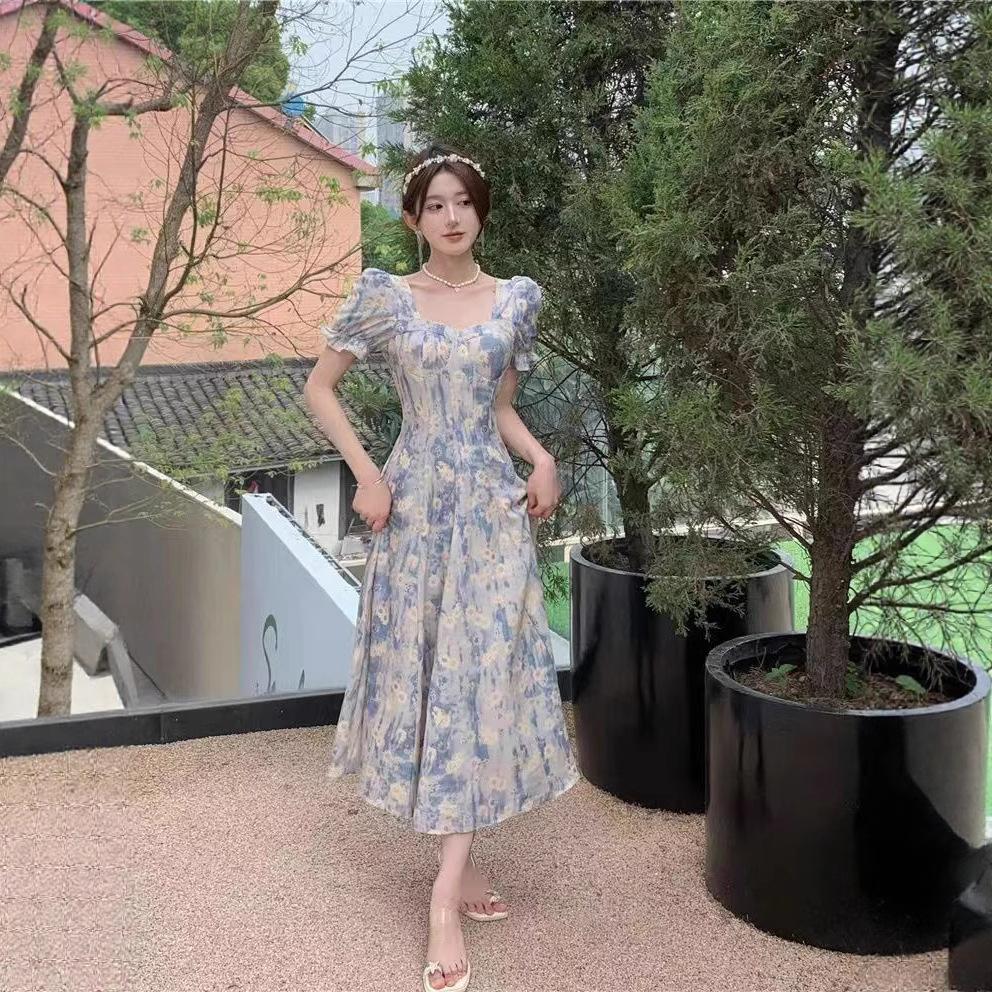 Blue Oil Painting Floral Dress Women's Summer New Square Neck Bubble Sleeves Waist Thin Medium and Long Skirt