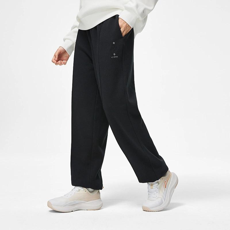 Li Ning Sports Lifestyle Series Solid Color Mid Waist Cuffed Fleece Knit Sweatpants Women bottoms Black AKLT908-4