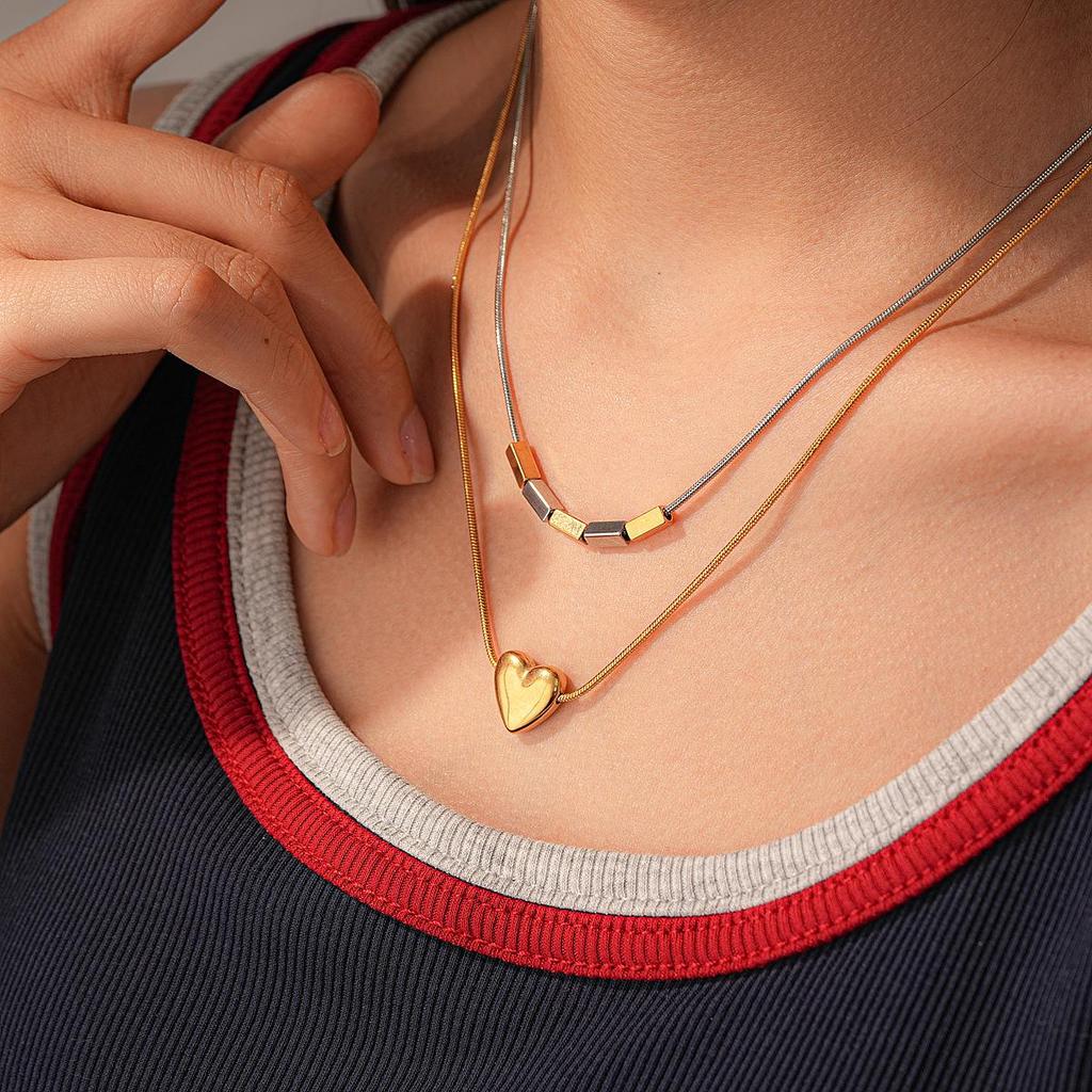 Stainless Steel Double Layer Heart, Star & Round Bead Necklace - Fashionable Clavicle Chain for Women, European, American High-End Style