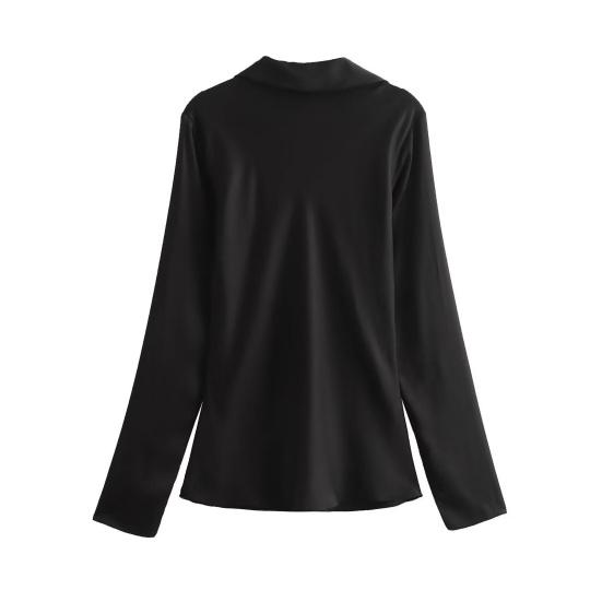 Women Shirt Lapel Long Sleeve Shirt with Lace-up Sexy Hollow Effect Silk Satin Textured Bow Detail Solid Color Shirt Tops