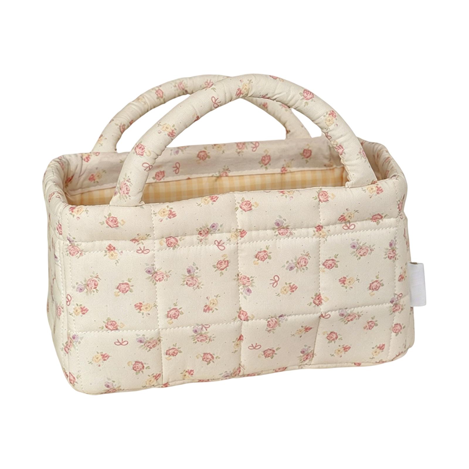 

Quilted Fabric Storage Basket with Handles Desktop Organizer for Snacks Small Items Household Storage Container One Size