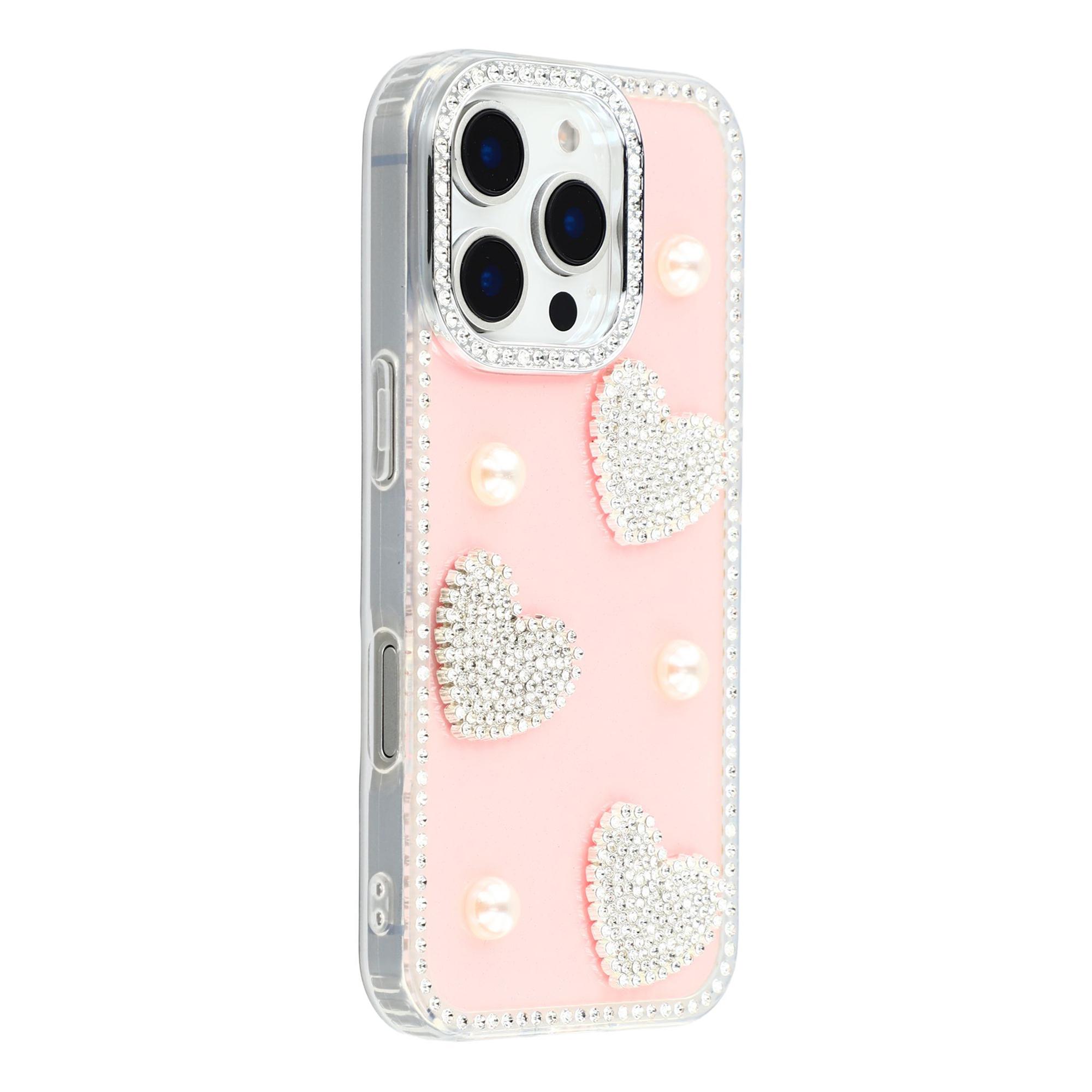 

For iPhone 16 Pro Case Rhinestone Edge Pearl Love Decor TPU + PC IMD Phone Cover