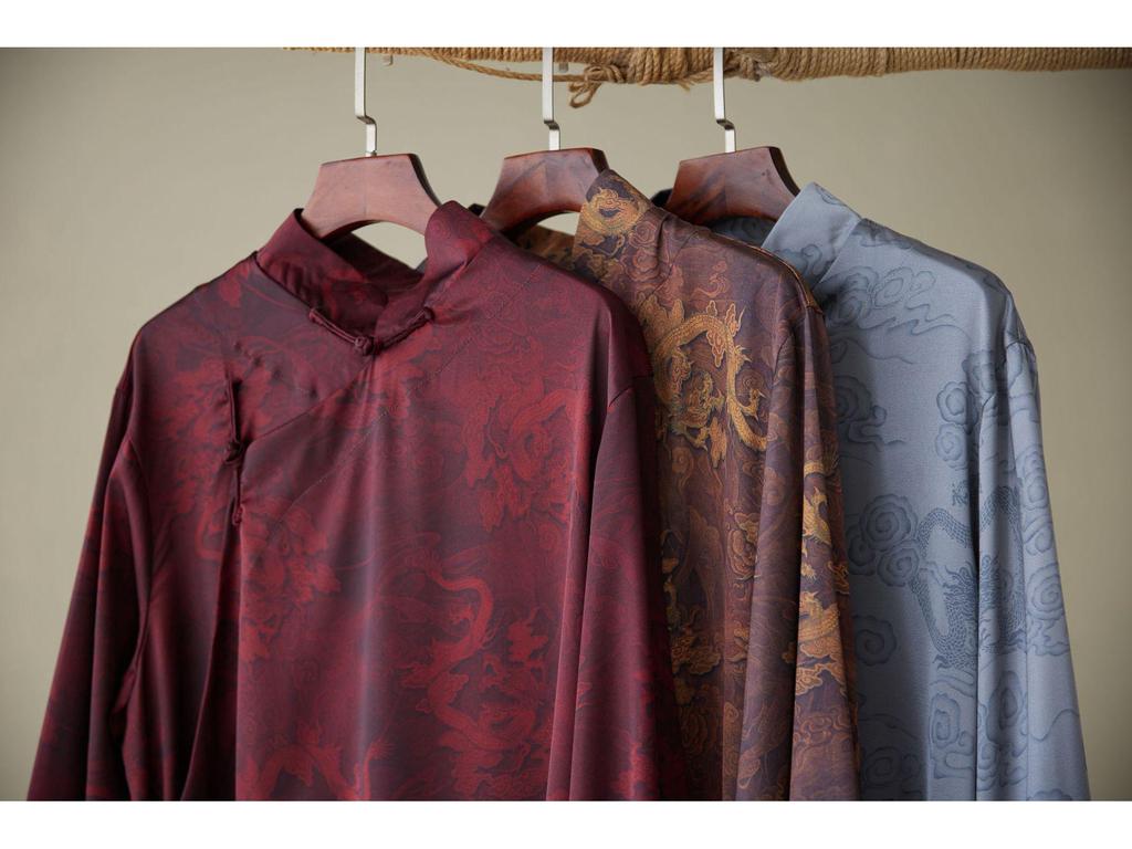 Chinese Silk Satin Dragon Print Long Shirt with Pan Kou Buttons - Purple Performance Robe