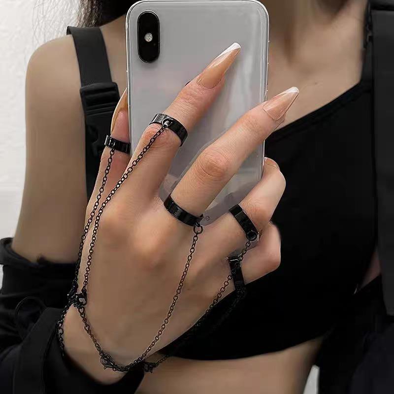 Braccialetto ad Anello Punk per Dita Anelli Retrò Donna Regolabile Nero Catene Ins Anelli Ragazze Lega Parti di Decorazione Mani Accessori Gioielli