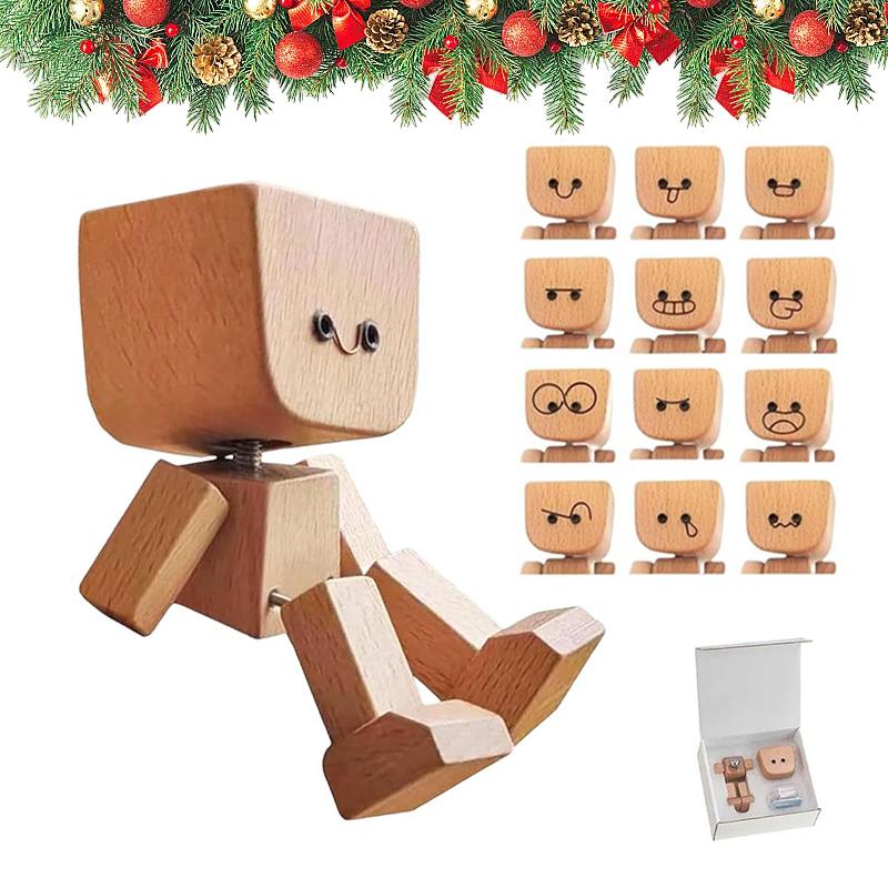 

Christmas Shaking Wooden Man, Shaking Wooden Man Figurine With 12Pcs Magnetic Expressions, Charming Little Wood Figure F
