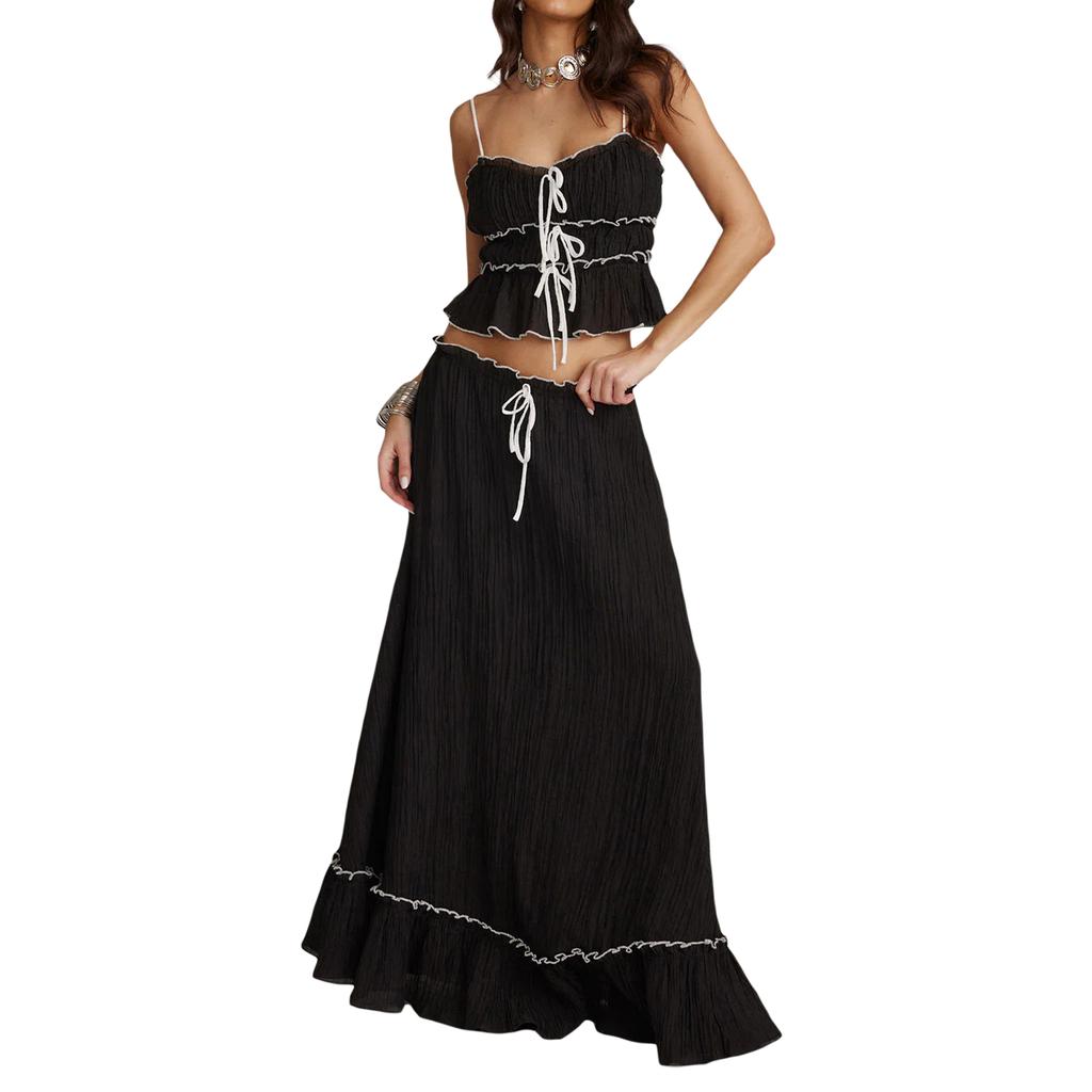 Women's 2 Piece Skirt Outfits Sleeveless Ruffle Trim Camisole Long Tie Up Skirt Set