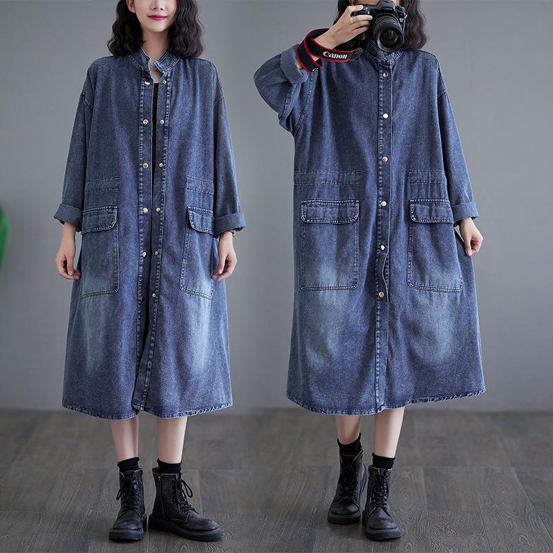 Autumn Women s Denim Trench Coat - Mid-Length, Loose Fit, Slimming Retro Style Large синий