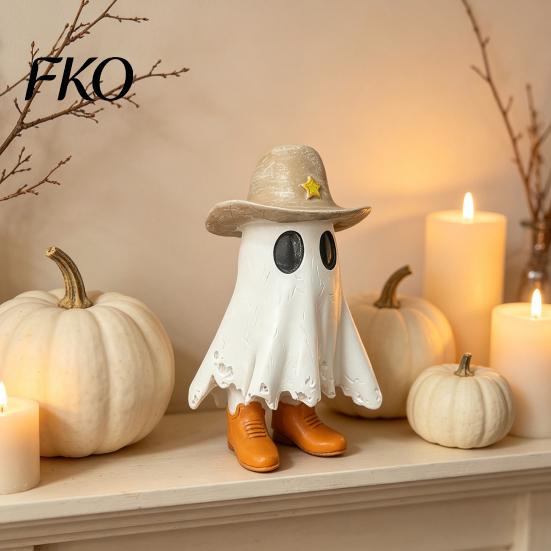 Weiße Geisterdekoration Halloween Cowboy-Statue, Gruselige Harzfigurine, Westliche Tischdekoration Skulptur mit Stiefel und Hut für Kaminsims, Etagen