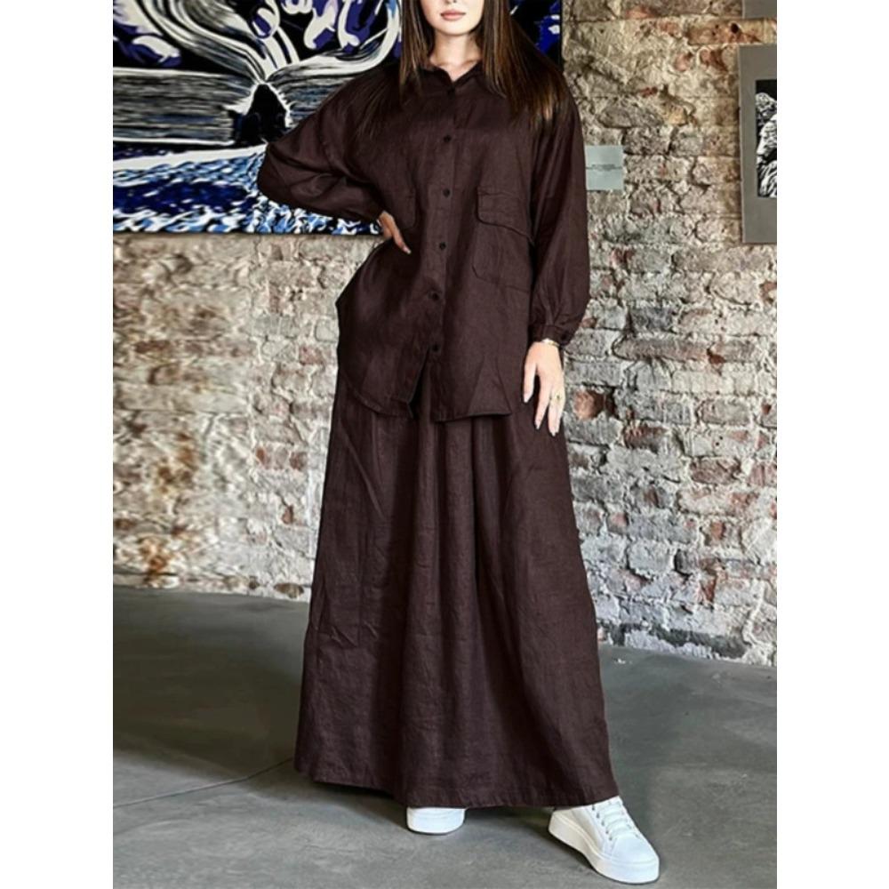 Conjunto Informal de Dos Piezas para Mujer, Camisa de Manga Larga con Solapa Retro de Gran Tamaño y Falda, Estilo Nuevo de Primavera y Otoño