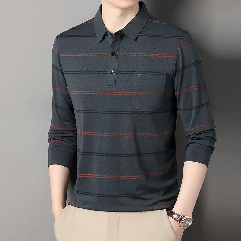 Spring And Autumn High-End Business Casual Polo Shirt For Middle-Aged Men Turn-Down Collar Long Sleeve Striped Versatile T-Shirt For Men