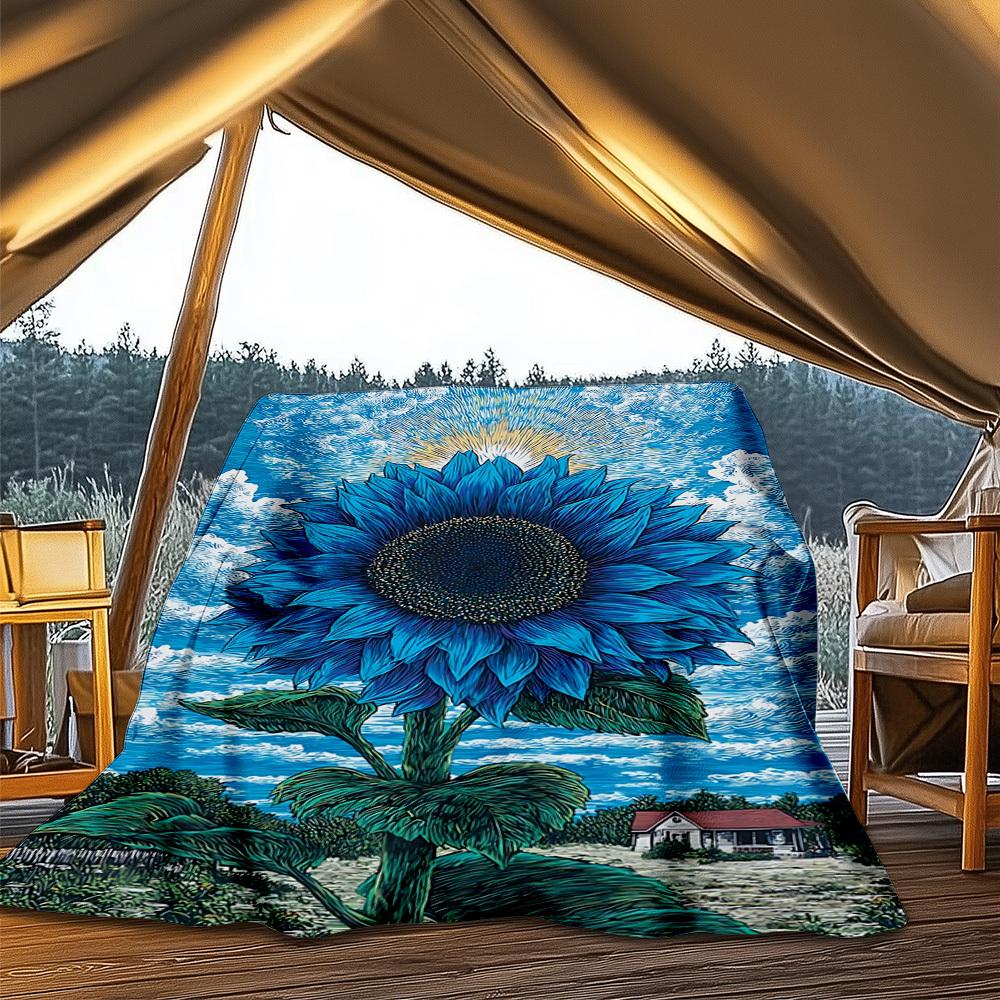 1pc Blue Sunflower Print Throw Blanket Polyester Fiber, Lightweight Flannel, Soft & Warm, All Season Use for Outdoor, Camping Digital Print