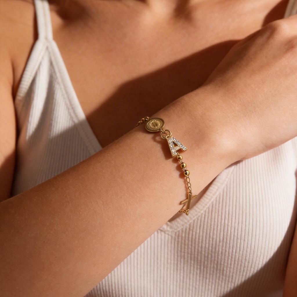 Stainless Steel Rosary Virgin Mary Beaded Bracelets with A-Z Initial Letter Pendant, Gold Plated Religion Jewelry for Women