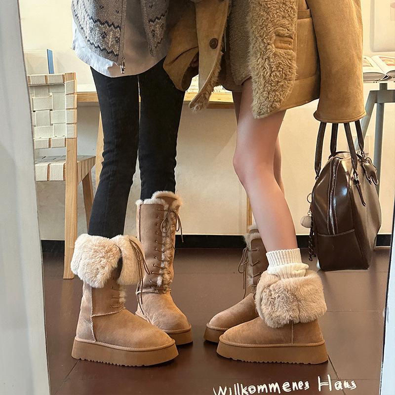 Two ways to wear sheepskin integrated snow boots 2025 autumn and winter new lace-up medium tube cotton boots women's leather flat boots