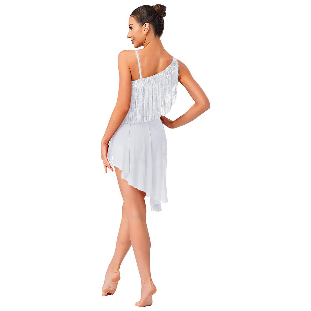 Womens Asymmetrical Shoulder Tassel Dance Dress Glitter Rhinestones Irregular Hem Openable Crotch Latin Tango Leotard