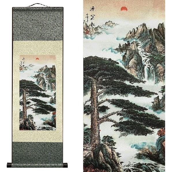 AtfArt Asian Wall Decor - Beautiful Silk Scroll Painting of Waterfall River Landscape - Mountain Spring Autumn Color Oriental Decor Chinese Art Wall