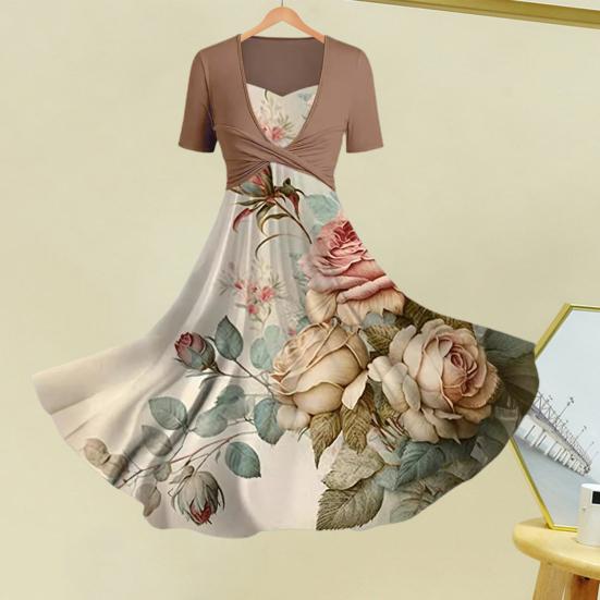 

2 шт./компл. женское верхнее платье с коротким рукавом и V-образным вырезом, шаль с цветочным принтом трапециевидной формы