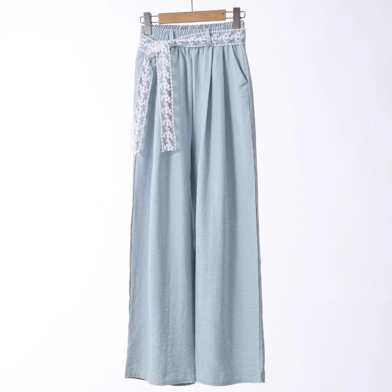 Lace belt wide-leg pants high-end loose and thin casual pants temperament versatile solid color floor-mopping straight-leg pants