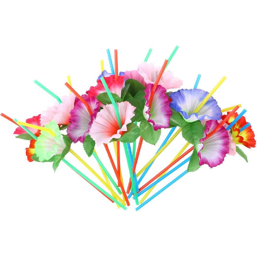 Healifty 20pcs Flower Bendable Straws Hawaiian Party Umbrella Plastic Cocktails Drink Straws Summer Beach Swimming Pool Favors for Tropical Luau