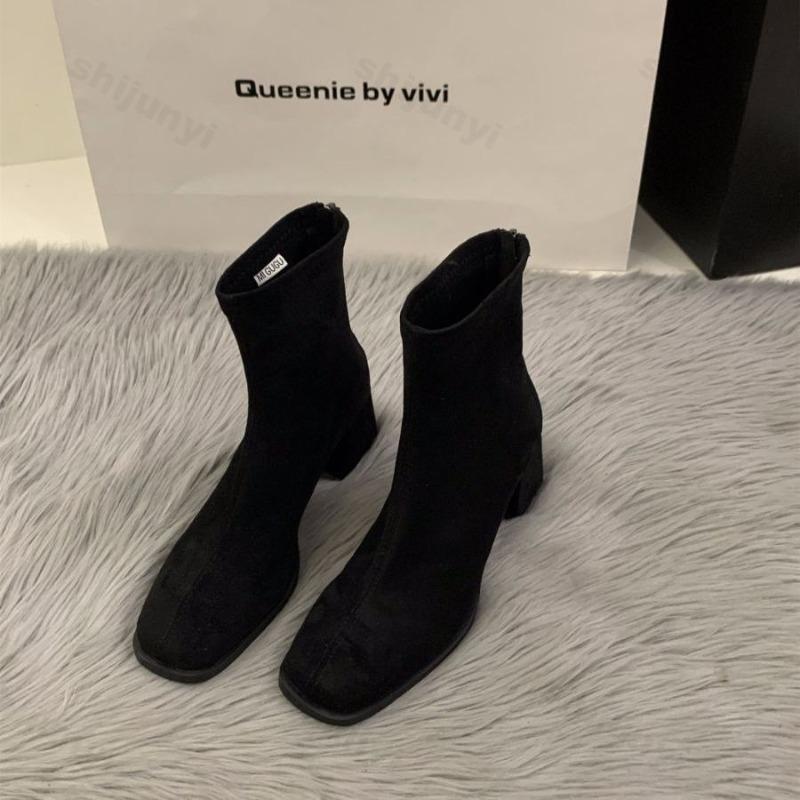 Women Ankle Boots 2026 Autumn Zipper Comfortable Short Boots Retro Fashion New Square Toe High Heel Shoes Women Botas De Mujer