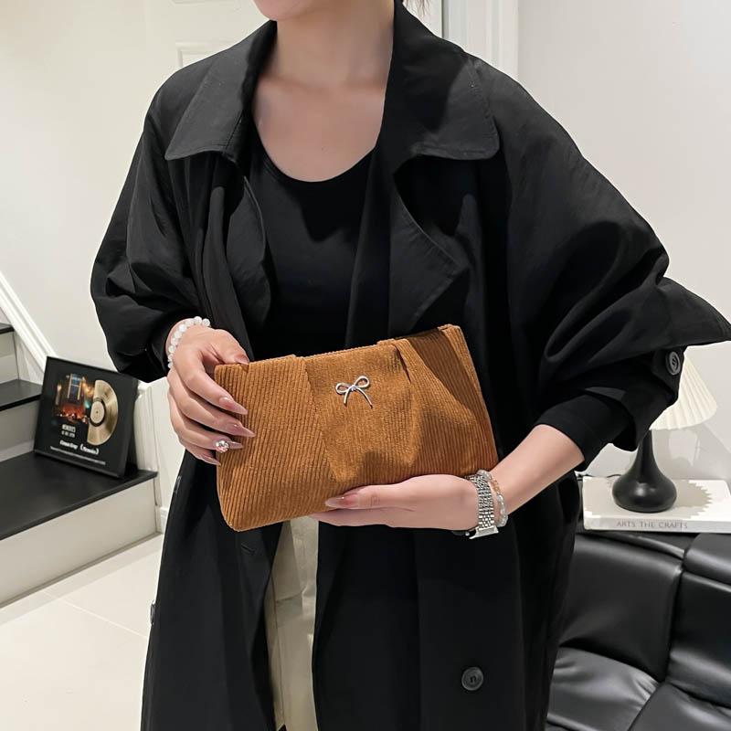 Yogodlns Fashionable Ins Embroidered Butterfly Knot Women's Clutch City Simple Style Corduroy Small Solid Color Purse