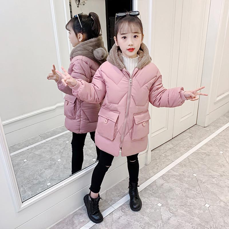 Winterlicher Mädchen-Baumwollmantel mit Kapuze im koreanischen Stil mit Fleecefutter - Mittellange und warme Jacke