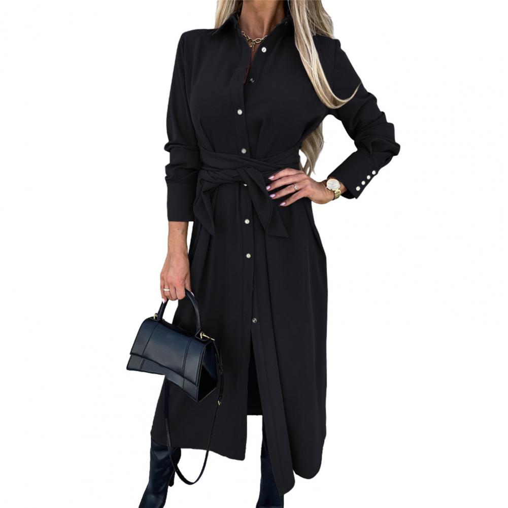 Women's Cotton Button Down Maxi Long Sleeve Lapel Collared Long Dress Lace Up Waist Ladies Robes
