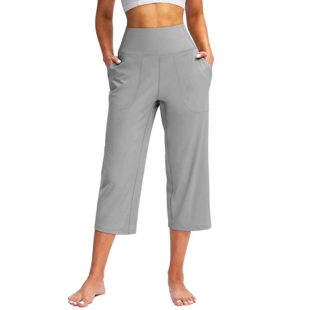 Summer Women Sports Yoga Pants Astic High Waist Casual Active Fit Wide Capris Leg Pants Yoga Leggings Soft Gym Knee Length with Pockets