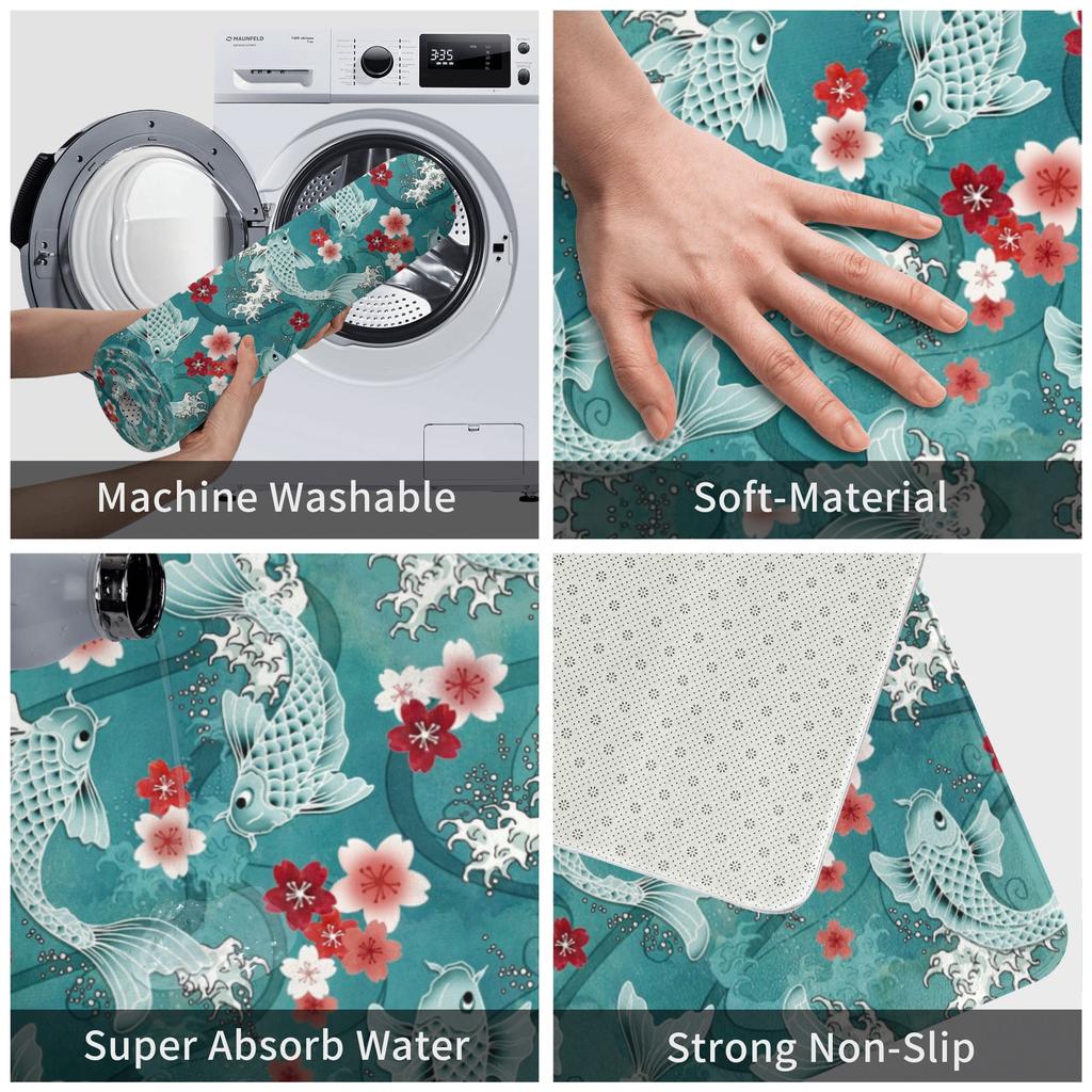 Koi Fish Sakura Blossom In Turquoise Doormat Mat Anti-Slip Cherry Flower Floral Kitchen Bath Garage Rug Carpet 40*60cm