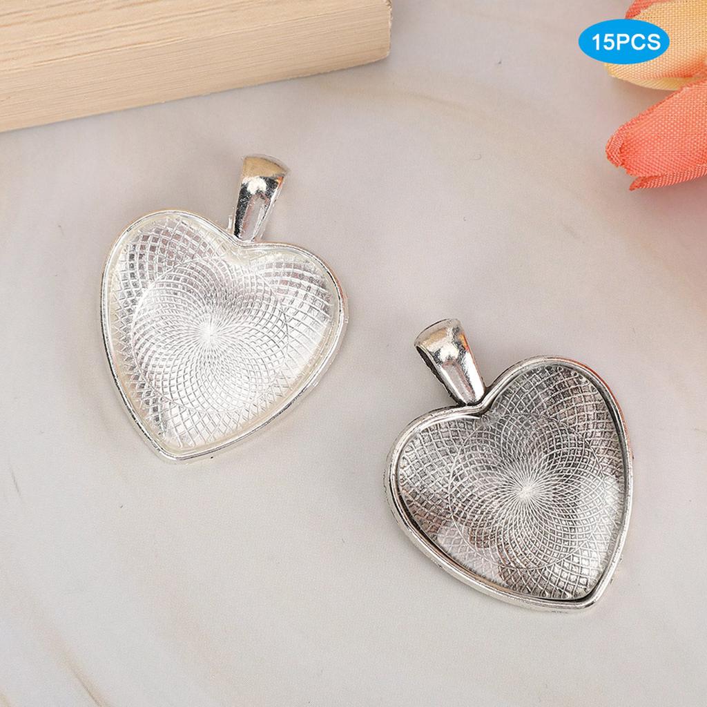 60pcs Pendant Trays Heart Shaped Pendant Setting Cabochon Base Setting with Glass Cabochon