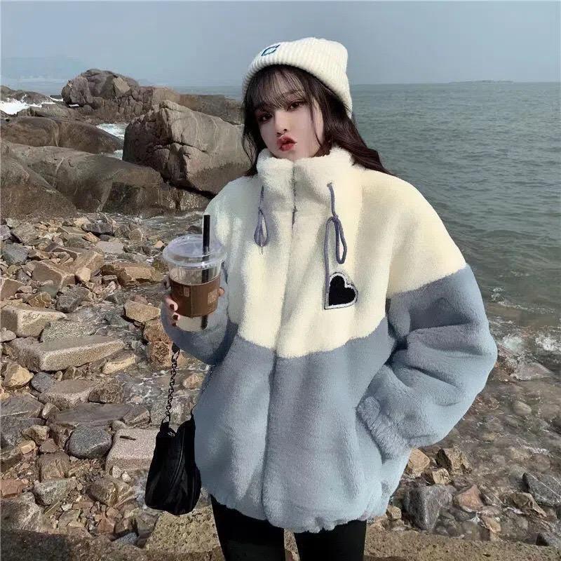 

Winter Women Hoodies Velvet Patchwork Zip-up Long Sleeve Lambswool Oversized Fleece Coats Casual Korean Warm White Sweatshirt M синій
