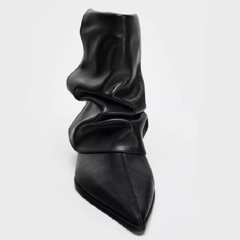 Czarne Szpiczaste Miękkie Skórzane Botki Damskie Modne Plisowane Na Niskim Obcasie Projektanta Buty 2026 Zima Nowe Botas Para Mujer