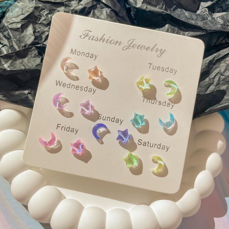 Dreamy Seven-Color Star & Moon Stud Earrings: Dainty, Sparkly Set for Fairy Girls