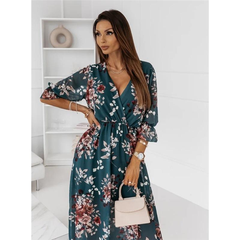 Women's Summer Dress Long Sleeve V-neck Side Slit Printed Long Dress