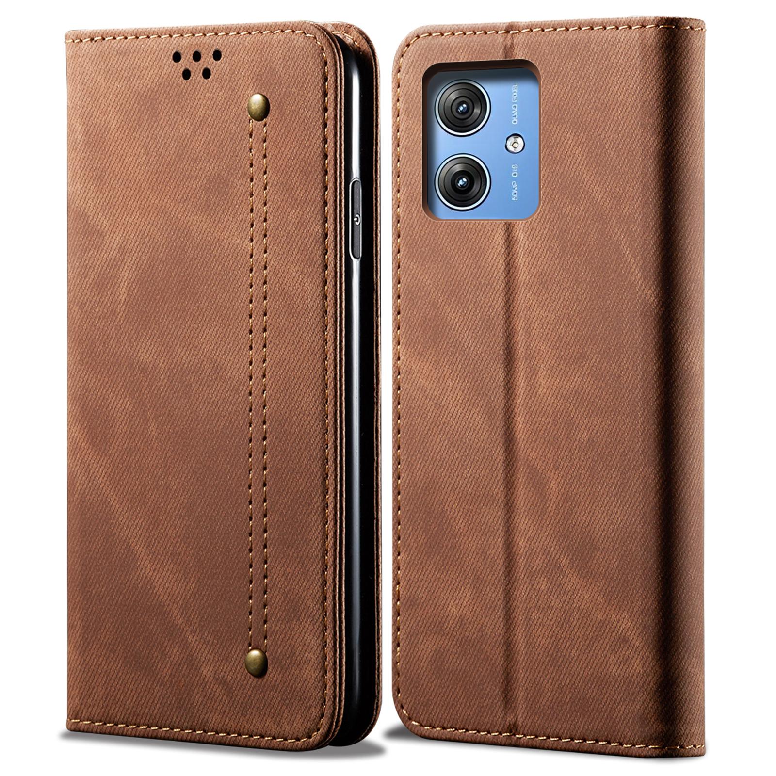 

For Motorola Moto G55 5G Case Jeans Cloth Texture Anti-Scratch Leather Stand Phone Cover Coffee