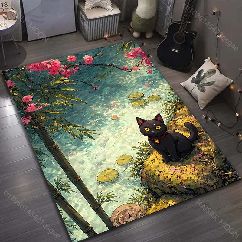 

Black cat stream cherry blossoms Pattern Rug Carpets for Bedroom Living Room Sofa Mat Creative Door Mat Cloakroom Home Decor 40x60cm