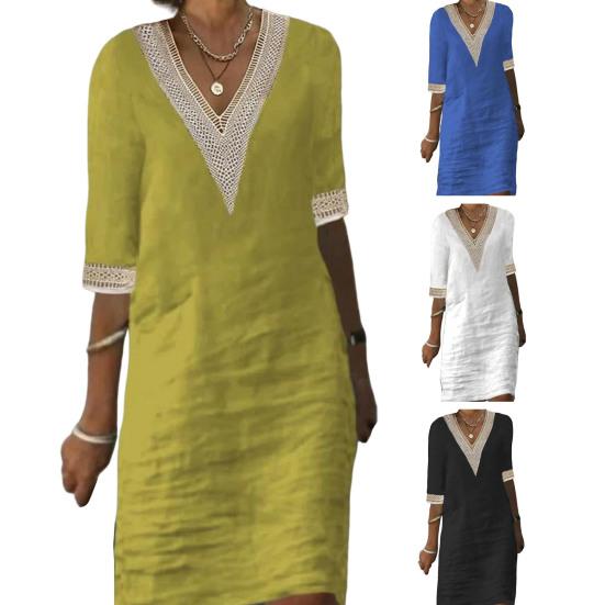 V-neck Half Sleeve Thin Beach Dress Women Elegant Lace Stitching Casual Dress Streetwear
