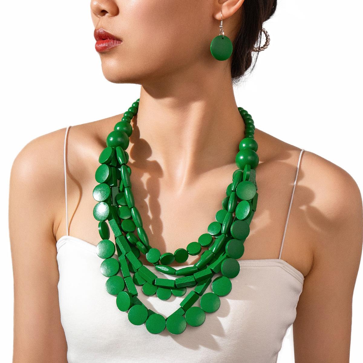 

Ретро творча особистість нерегулярні дерев яні намистини кулон модний ключиця ланцюжок намисто набір сережок зелений