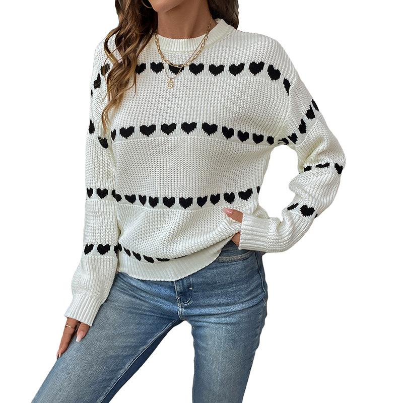 Herbst- und Winter Damen Weiß Langarm Herz Pullover