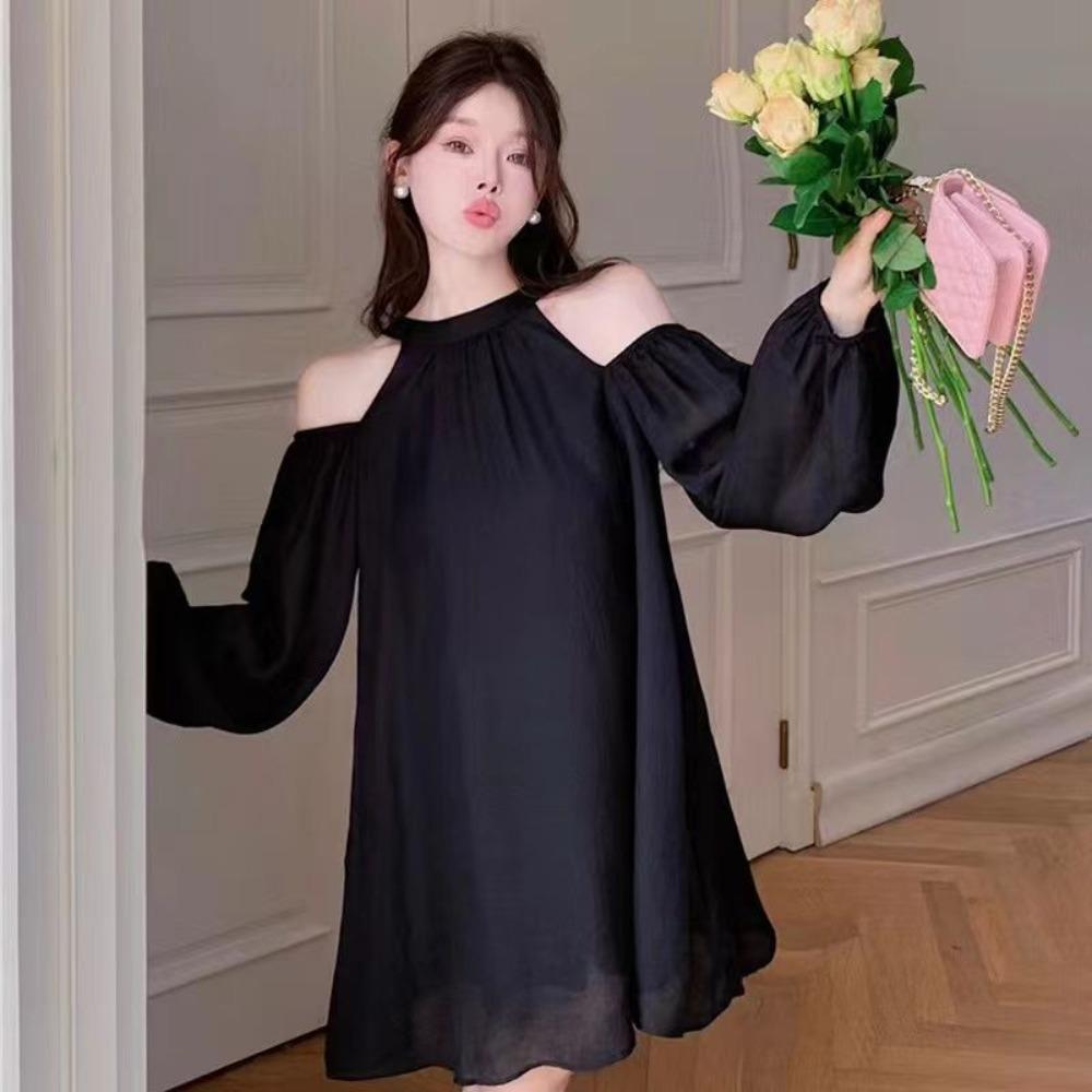 

Платье с рукавами-фонариками, открытыми плечами и халтером, в корейском стиле, А-силуэта, с короткой юбкой, мини-платье-халтер, пляжное L чёрный