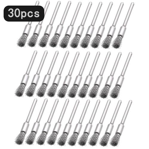 KIMLONTON Stainless Steel Wire Brush Pen Set, 30-Piece Set for Polishing, Rust Removal, Paint Stripping, Grinding, Polishing Wheels, Rotary Tools, Min