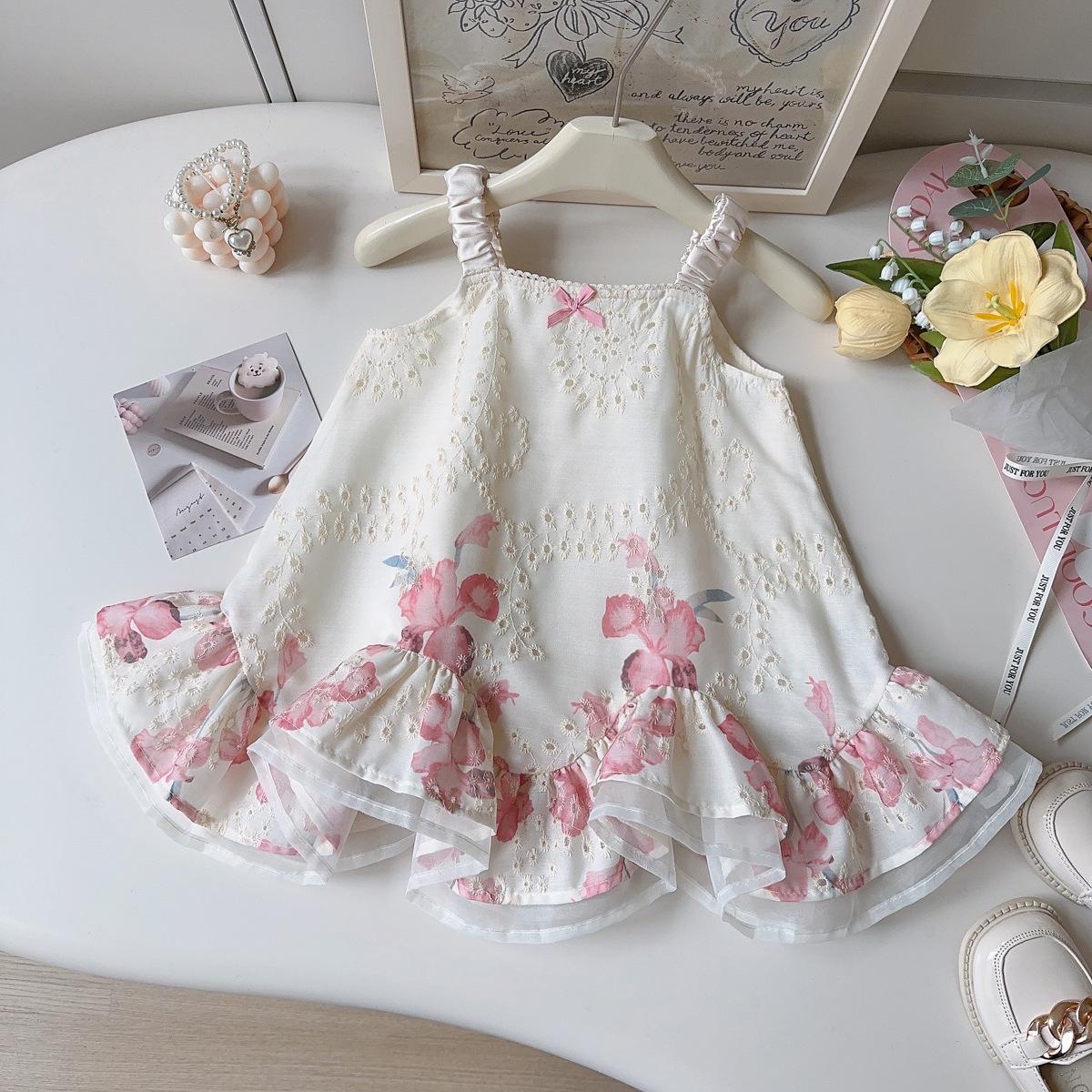 Girls Mori Style Floral Embroidered Ruffle Camisole Dress - Summer New Arrivals Size 90 абрикосовый