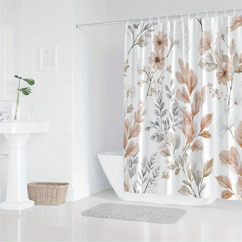 1 Piece Earth Tone Floral Pattern Shower Curtain With Hook, Polyester Fabric, Machine Washable, Suitable For Bathroom Decoration