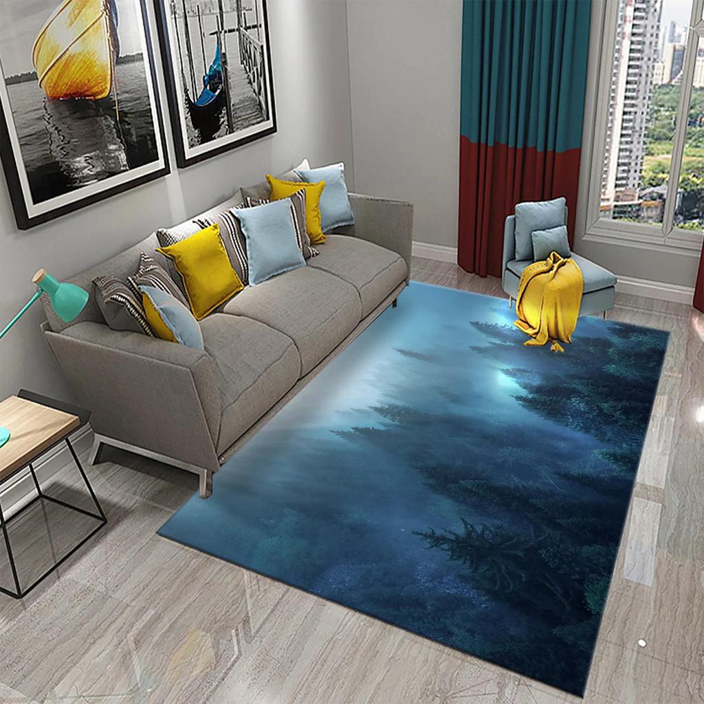 3D Foggy Forest Carpet White Smoke Fog Clouds Rugs Bathroom Kitchen Non-Slip Doormat Area Rug Living Room Bedroom Decor Rugs