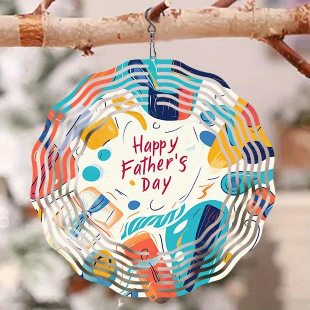 Open - 2D Mandala Wind Chime Happy Father's Day Pattern Metal Windmill, Dynamic Sculpture for Garden and Patio Hanging Decor, Durable Outdoor Artwork
