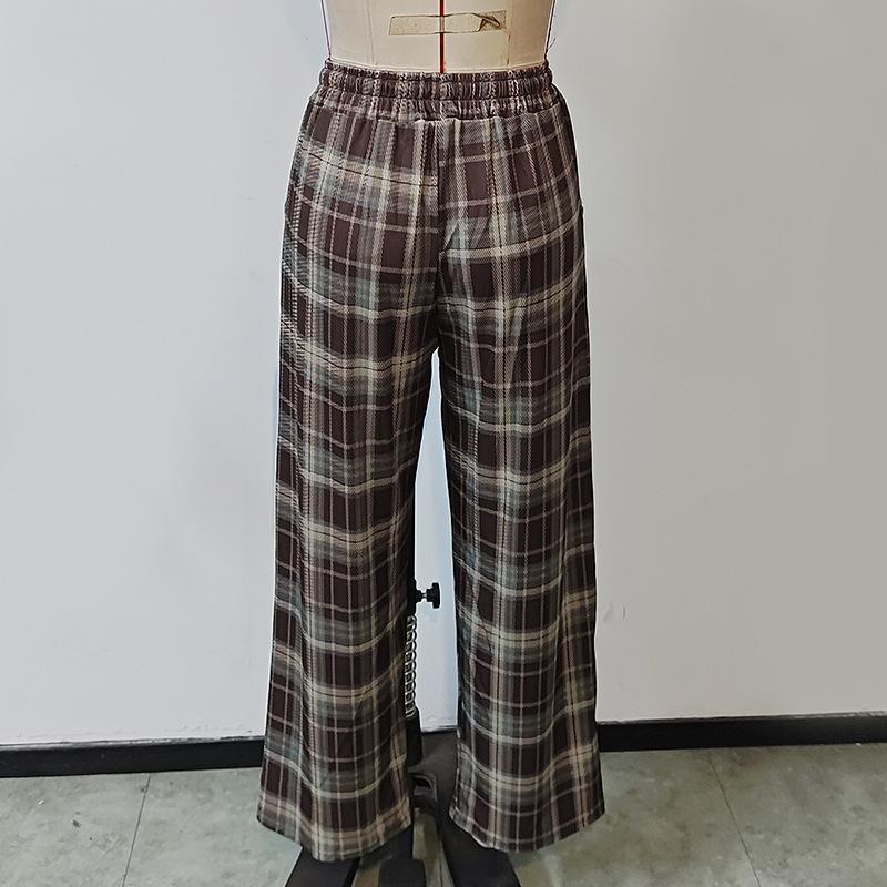 Women's Fashion Temperament Checkered Print Loose Casual Elastic Waist Straight Pants Tide Pant